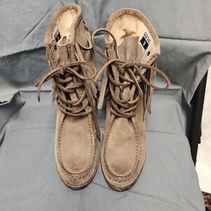 Frye Parker  Suede Fringed Brown Lace Up Boots Stacked Heel  NWOT